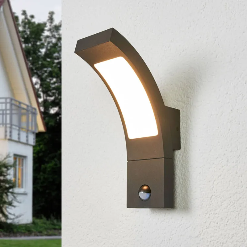 Lucande kinkiet zewnętrzny LED Juvia, czujnik, 27 cm, szary, IP54