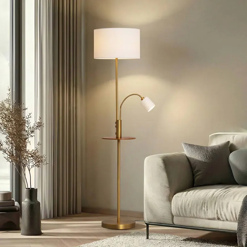 Lindby Lampa podłogowa Aovan, kolor brązowy, półka, złącze USB