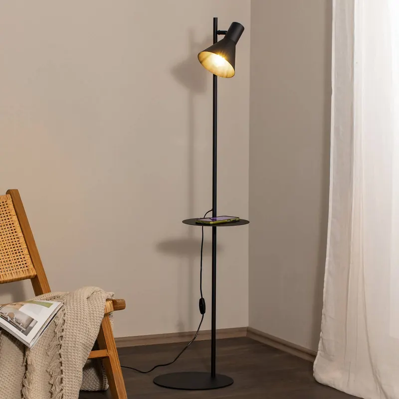 Lampa stojąca Jump, czarna, regulowana, półka