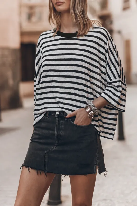 Mikuta The Striped Linen T-shirt Maat: M/L | Tops Outlet | Dames | Zwart