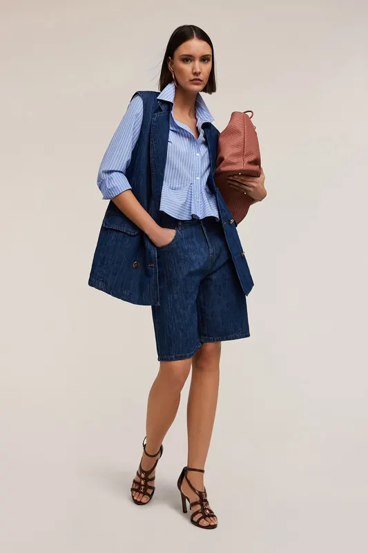 Motivi Double-breasted Oversized Waistcoat In Linen-blend Denim Blu Maat: L | Gilets Outlet | Dames | Blauw