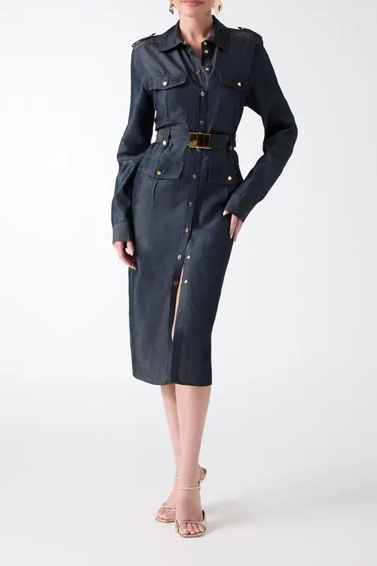 GUESS Carla Safari Ls Dres Dark Blue Maat: 38 | Blousejurken Outlet | Dames | Blauw