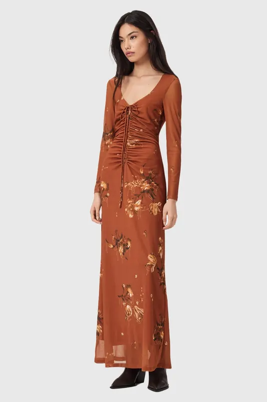 AllSaints Gabby Ls Mesh Dress Ania Rust Brown Maat: 2 | Maxi Jurken Outlet | Dames | Bruin