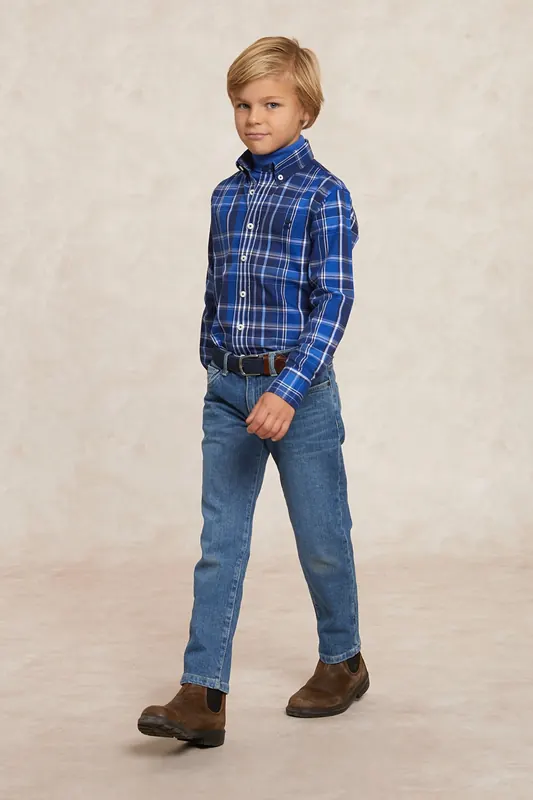 River Woods Custom Fit Checked Flannel Shirt Blue/white Maat: 14 | Overhemden Outlet | kids | Blauw