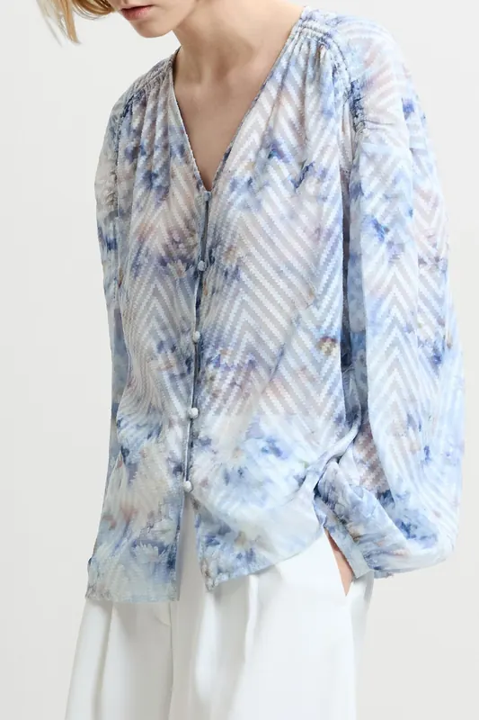 French Connection Daisy Abilene Sleeve Blouse Blue Multi Maat: XL | Longsleeves Outlet | Dames | Blauw
