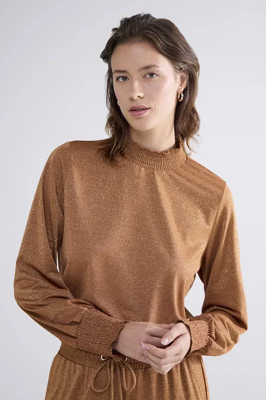 Summum Woman Smocked Top Fine Lurex Jersey Caramel Coffee Maat: S | Longsleeves Outlet | Dames | Bruin