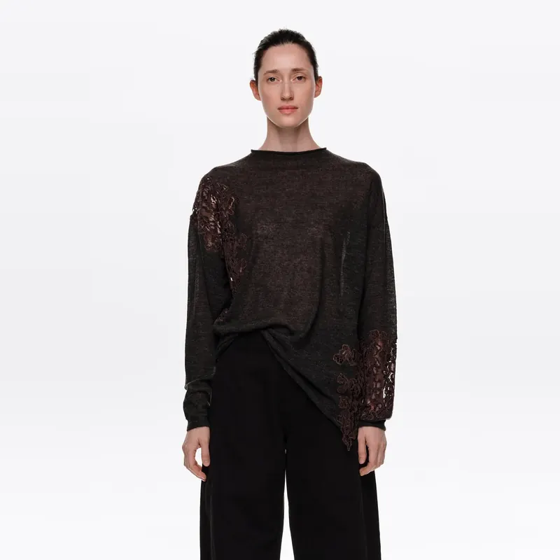 Sweter wełna koronki stójka ciemnoszary